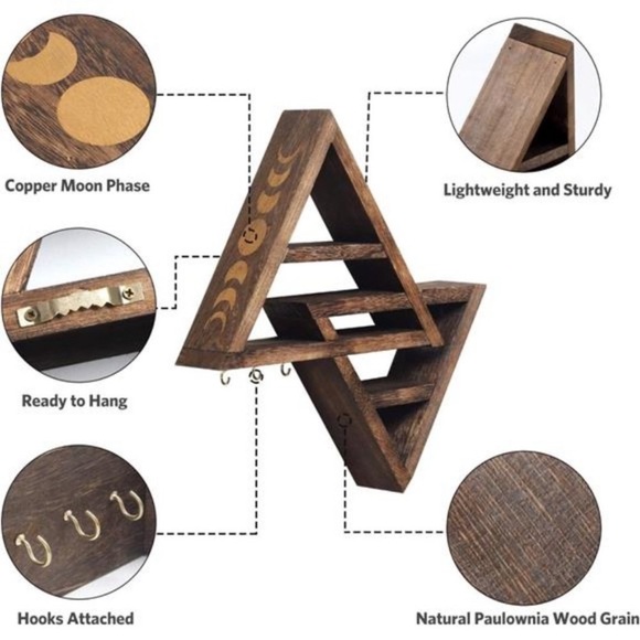 Moon Phase Triangle Shelf with Hooks -Moon Shelf for Crystal Display -Dark Brown - Picture 7 of 7